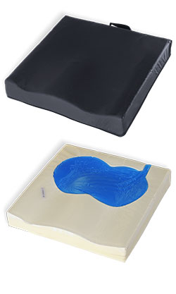 VISCO'KARE GEL'AIR seat cushion for the prevention and management of pressure sore with a layer of viscoelastic gel on a base of shape memory foam